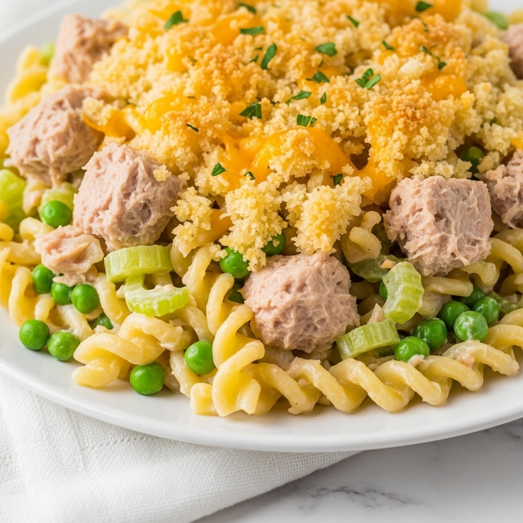 A close-up view of a white plate filled with creamy tuna noodle casserole. The bottom layer shows thick, twisted egg noodles coated in a pale cream sauce mixed with bright green peas and soft celery pieces. On top of the noodles are scattered soft chunks of light beige tuna. The final layer is golden brown breadcrumbs with melted cheddar cheese, giving a crispy, crunchy texture with small green parsley specks scattered across the golden crust. The plate is set on a white marbled surface with a white cloth underneath. Photo taken with an iphone --ar 4:5 --v 7