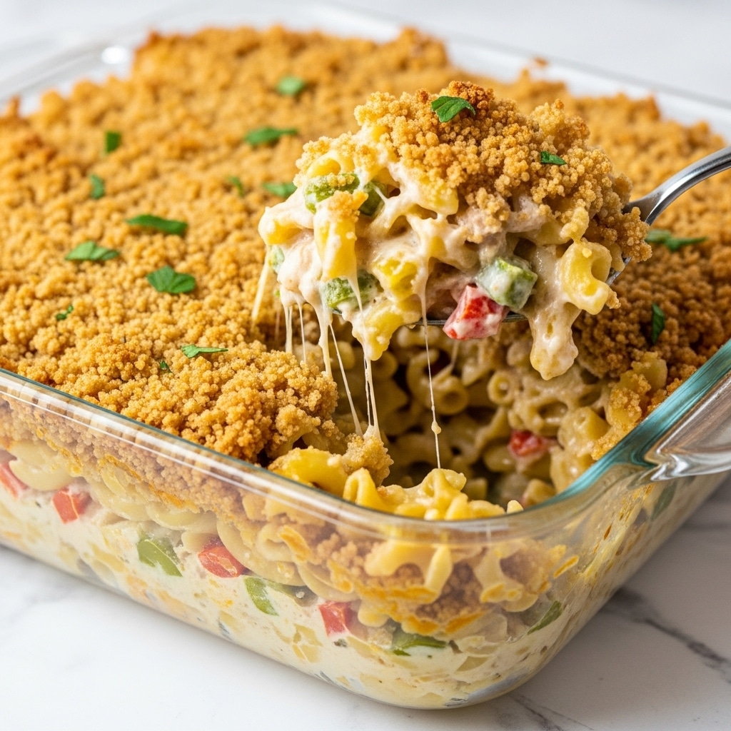 A close-up view of a baked casserole in a clear glass dish, showing multiple layers starting with a creamy, cheesy base mixed with small pieces of vegetables in green and red. Above this is a thick layer of tender pasta coated in a rich, creamy sauce with visible green and red vegetable bits. The top layer is a thick, golden brown crumb crust that looks crispy and textured, sprinkled with small green herb leaves. The dish is being served with a shiny spoon lifting a portion out from the corner of the dish, showing the gooey, melted cheese and vegetable filling inside. The whole scene sits on a white marbled surface. photo taken with an iphone --ar 4:5 --v 7