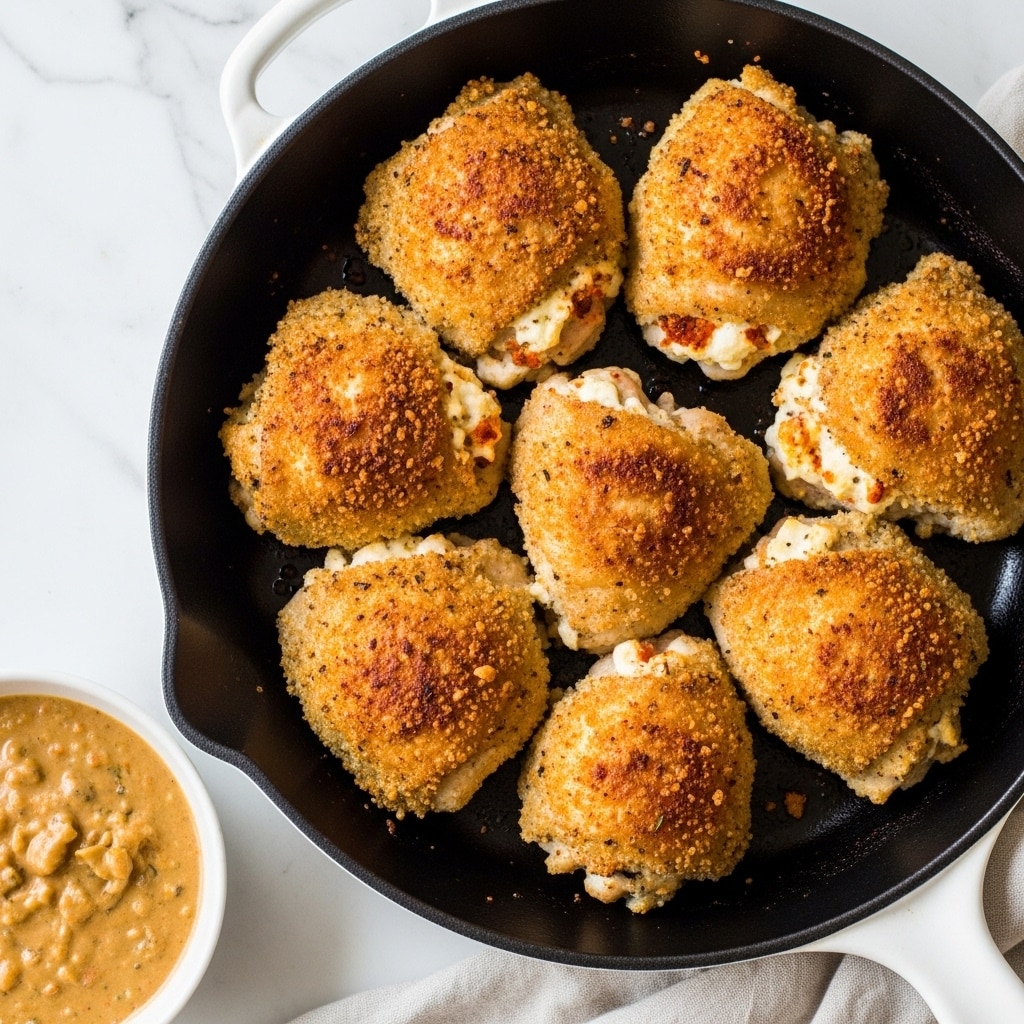 In a white cast iron pan, seven golden brown breaded chicken thighs are arranged close to each other, showing a crispy texture with some darker browned spots; the inside of the pan is darkened from cooking. In the lower left corner, part of a white bowl filled with a thick, creamy, light brown sauce with small bits is visible. The whole scene rests on a white marbled surface with a light-colored cloth nearby. photo taken with an iphone --ar 4:5 --v 7