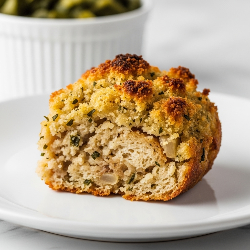 A close-up image of a single piece of golden-brown baked stuffing ball with a crispy, crumbly top layer showing a slightly darker toasted texture. The stuffing beneath is moist with visible soft chunks of bread and herbs, creating a mix of light brown and tan shades. The stuffing ball sits on a smooth white plate with a blurred white ramekin of green cooked greens in the background, all set on a white marbled surface. photo taken with an iphone --ar 4:5 --v 7