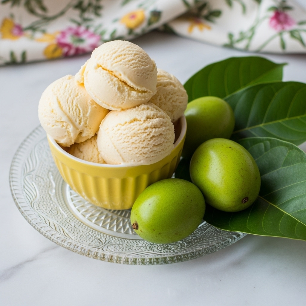 A yellow cup filled with four scoops of creamy light yellow ice cream sits at the center of a clear glass dish with a patterned rim. Next to the cup, there are three green oval fruits and large green leaves arranged around it. The entire setup is on a white marbled surface with a soft, floral cloth blurred in the background. The textures of the ice cream are smooth and slightly fluffy, and the fruits have a natural fresh look. Photo taken with an iphone --ar 4:5 --v 7