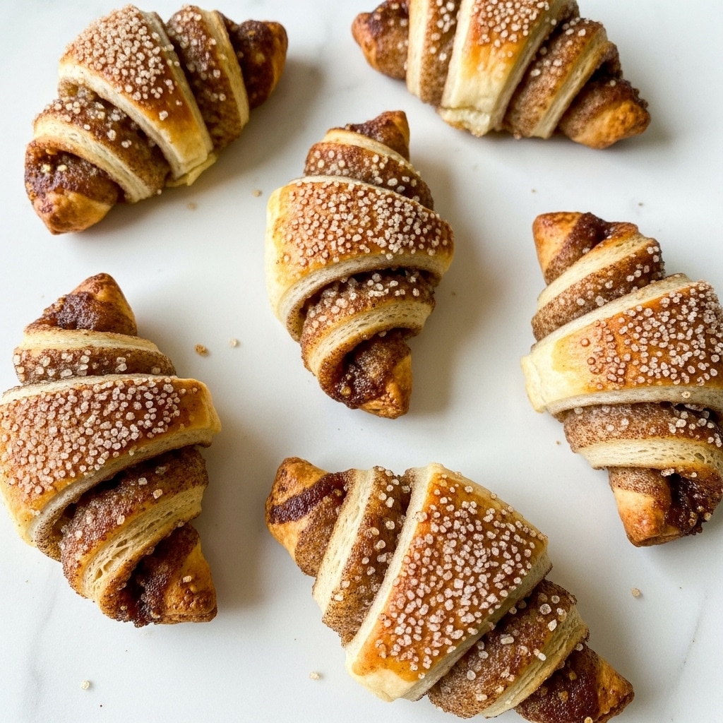 Six small crescent rolls are scattered on a white marbled surface. Each crescent has a golden-brown color with visible layers of soft, flaky dough spiraled tightly around a cinnamon sugar filling that appears dark and slightly glossy. The tops are sprinkled with granulated sugar and cinnamon, giving a speckled appearance of light and dark brown. The texture looks crunchy on the outside but soft inside, and the rolls have a tapered shape with a slightly darker crust at the edges. Photo taken with an iphone --ar 4:5 --v 7