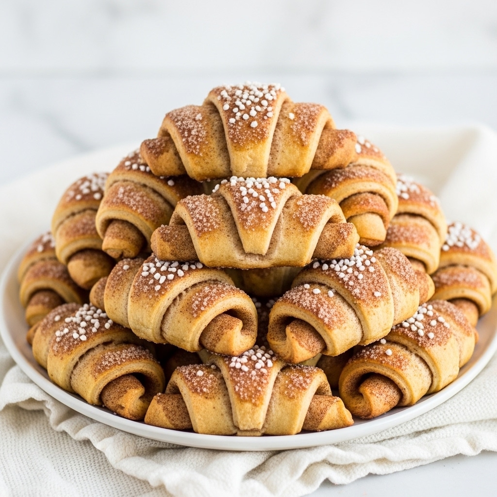 A large white plate holds a pile of small crescent rolls stacked high, each roll showing visible layers of golden brown dough with a dusting of cinnamon and sugar crystals on top. The rolls have a slightly rough texture and are nestled in a white cloth with a soft weave, all set against a white marbled textured background. The crescent rolls' spiral shapes and warm cinnamon tones create a cozy, fresh-baked look. photo taken with an iphone --ar 4:5 --v 7