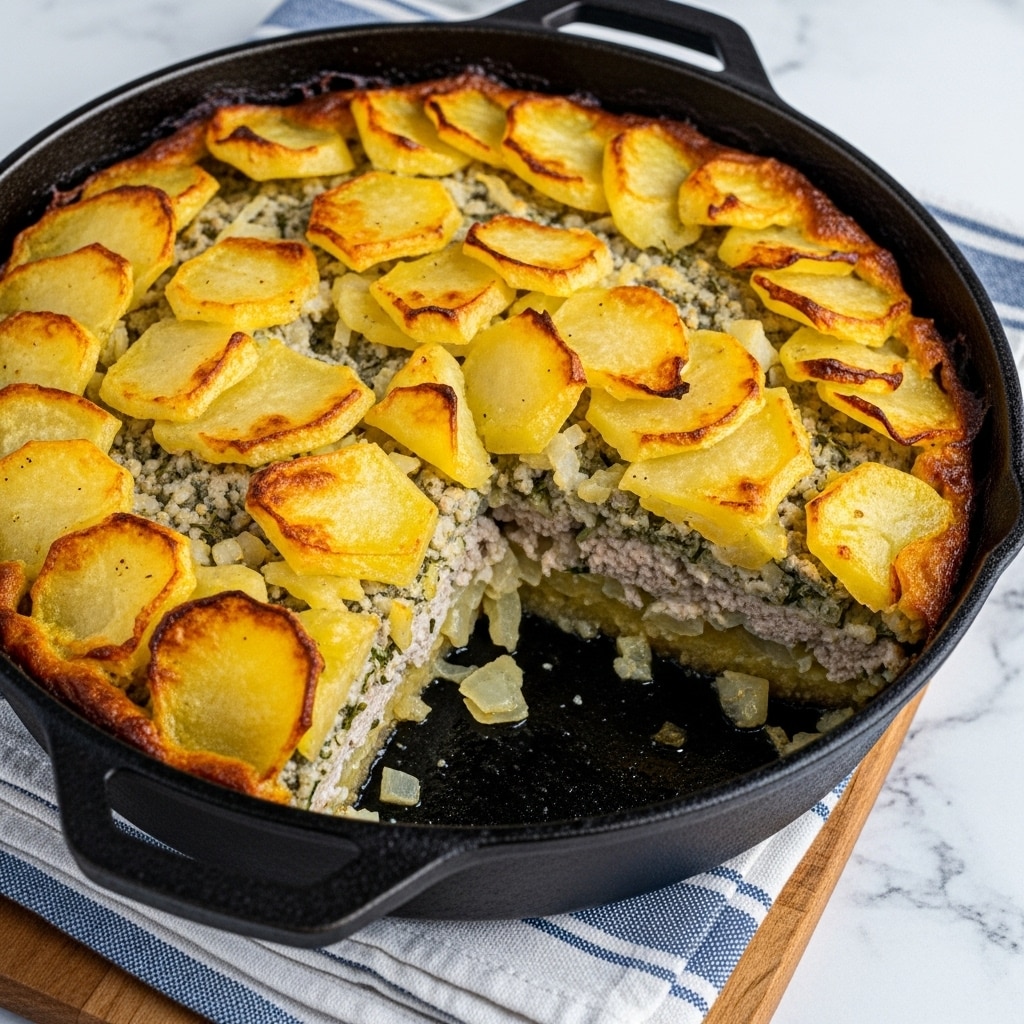 A baked dish in a black cast iron pan with three visible layers is shown, placed on a wooden board and a white marbled texture with a blue striped cloth underneath. The top layer is composed of thinly sliced golden-brown potatoes with some edges slightly crispy and curled, covering the surface unevenly. The middle layer consists of finely ground meat mixed with herbs, giving it a grayish-green color and a moist texture. The bottom layer, partially visible where a large piece is missing, appears to be cooked onions or another soft vegetable, slightly translucent with a light yellow tint. The cast iron pan has a rustic, well-used look with dark edges. photo taken with an iphone --ar 4:5 --v 7