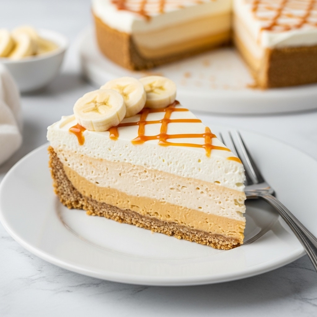 The image shows a round pie with three main layers in a clear glass pie dish. The bottom layer is a golden crumbly crust, the middle layer is thick and creamy, topped with a smooth white layer of whipped cream. On the top, there is a diagonal drizzle of caramel-colored sauce creating a crisscross pattern and three banana slices placed in the center. Next to the pie, on a white marbled surface, there is a small white bowl with extra banana slices and a white plate with two vintage silver spoons. photo taken with an iphone --ar 4:5 --v 7
