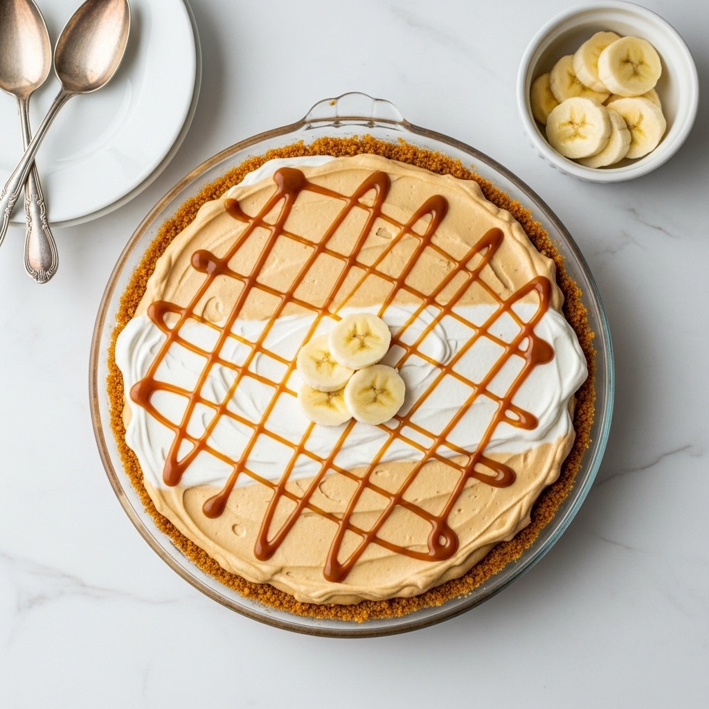 A slice of creamy pie on a white plate shows four layers: a crumbly light brown base, a soft beige filling, a thick white cream layer on top, and a caramel drizzle in a crisscross pattern over the cream. Three round slices of fresh banana rest on the upper edge of the slice. A silver fork lies beside the pie slice on the plate, and the background has a white marbled texture with a blurred view of the whole pie and a small bowl with banana slices in the distance. Photo taken with an iphone --ar 4:5 --v 7