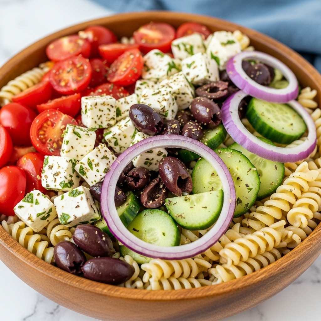 A close-up view of a wooden bowl filled with Greek pasta salad showing about five layers of ingredients: beige spiral rotini pasta as the base, bright red halved cherry tomatoes, white cubes of feta cheese with green herb bits, green cucumber pieces cut thick, black and dark purple olives scattered throughout, and thin rings of light purple onion mixed in. The textures vary from soft pasta to juicy tomatoes and firm cheese, all lightly coated with herbs and seasoning. The bowl sits on a white marbled surface with a blue cloth blurred in the background. Photo taken with an iphone --ar 4:5 --v 7