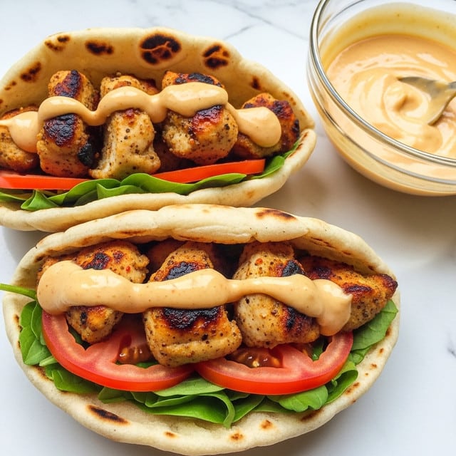 Two pita wraps show a close view, each with three layers inside: at the bottom, bright red tomato slices and fresh green leaves; above that, golden-brown, grilled chicken chunks with a slightly crispy texture and some char marks; and on top, a creamy, light orange sauce drizzled over the chicken, all wrapped in soft, slightly toasted white pita bread with dark spots. To the side, a clear glass bowl holds more of the same creamy sauce. The background is a white marbled surface. photo taken with an iphone --ar 4:5 --v 7