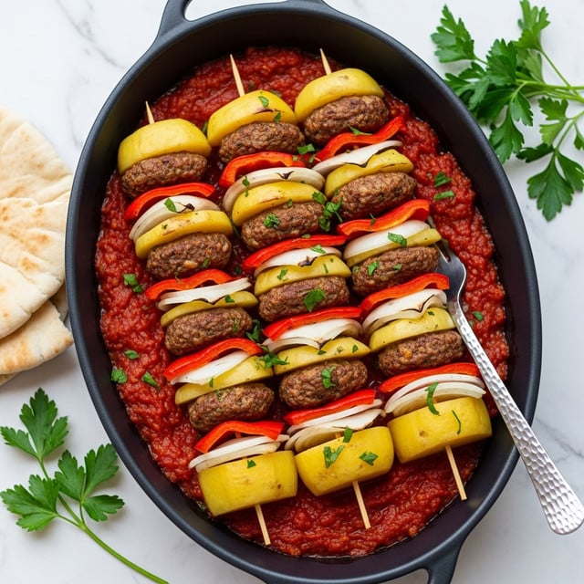 The dish is presented in a black oval baking dish placed on a white marbled surface. It contains layers of food arranged on skewers in rows, each skewer showing a repeating pattern of thick slices of yellow potato, white onion rings, reddish-brown meat patties, and red bell pepper slices. The entire dish is covered with a chunky red tomato sauce, which spreads around the ingredients and pools at the bottom. Small green herb pieces are sprinkled on top for garnish. A silver textured fork rests on the edge of the dish at the bottom right. Fresh green parsley is seen on the white marbled surface beside the dish, along with a stack of light brown pita bread on the left. Photo taken with an iphone --ar 4:5 --v 7