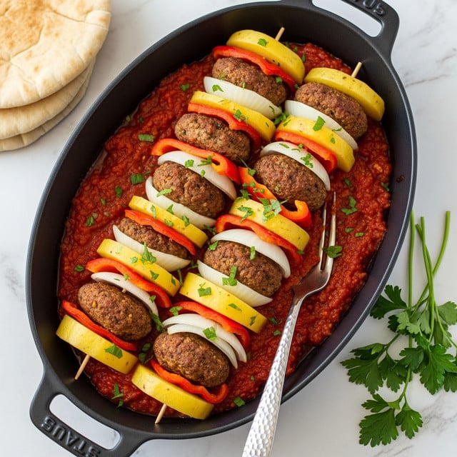 A black oval dish filled with several stacks of layered ingredients including browned meatballs, red tomato slices, white onion rings, and yellow potato slices, all covered in a rich, chunky red tomato sauce speckled with green herbs. The layers are neatly arranged in rows, with the tomato sauce spreading between and over the layers, giving a moist and hearty texture. The background shows fresh green parsley and white pita bread partially visible on the white marbled surface. The scene is bright and colorful, highlighting the textures and freshness of the ingredients photo taken with an iphone --ar 4:5 --v 7