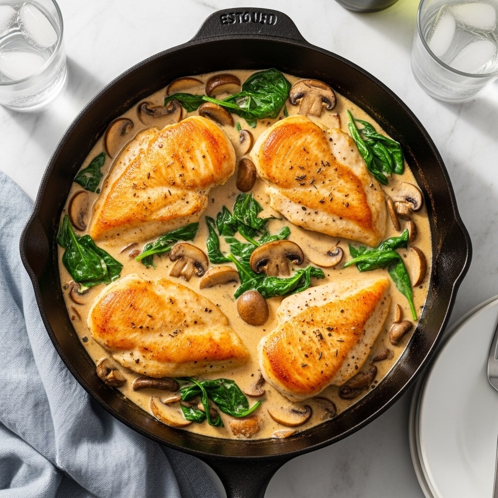 A black cast iron pan filled with four golden-brown cooked chicken breasts sitting in a creamy light beige sauce mixed with sliced brown mushrooms and wilted green spinach leaves, all evenly spread across the pan. The pan rests on a white marbled surface with a soft blue cloth nearby, and part of a white plate and two glasses of water with ice are visible at the edges. The light creates a warm and inviting atmosphere. photo taken with an iphone --ar 4:5 --v 7