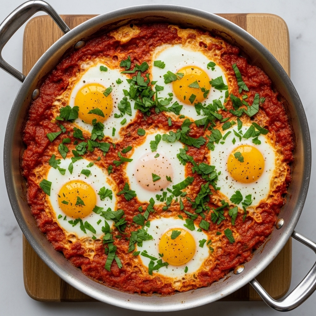 A round silver pan holds a dish with a thick red-orange tomato sauce base spread evenly across the pan. Five cooked eggs are placed on top, with their white edges soft and yolks bright yellow, some slightly broken and mixed with the sauce. Fresh chopped green herbs are sprinkled generously over the dish, adding a pop of color. The pan sits on a wooden board, all set on a white marbled surface. photo taken with an iphone --ar 4:5 --v 7