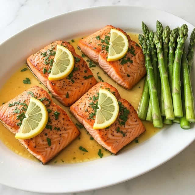 Four golden-brown salmon fillets are laid out in a white oval plate, each topped with a small wedge of bright yellow lemon and sprinkled with finely chopped green herbs. The salmon is cooked with a slightly crispy texture on top and sits in a light, creamy-looking sauce that pools gently around the fish. To the right of the plate, a neat row of vibrant green asparagus stalks adds a fresh contrast. The plate is set on a white marbled surface. photo taken with an iphone --ar 4:5 --v 7