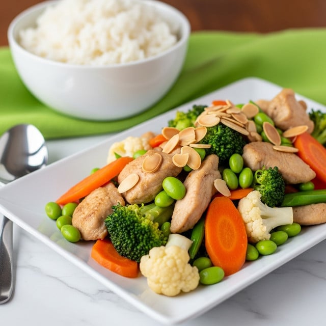 A white bowl filled with three layers, starting with a base of white rice, topped with a colorful mix of cooked vegetables including green broccoli florets, orange carrot slices, light yellow cauliflower pieces, and green edamame beans. On top of the vegetables are light brown pieces of cooked chicken. The bowl is placed on a white marbled surface with a blue and white patterned cloth partially visible underneath. photo taken with an iphone --ar 4:5 --v 7