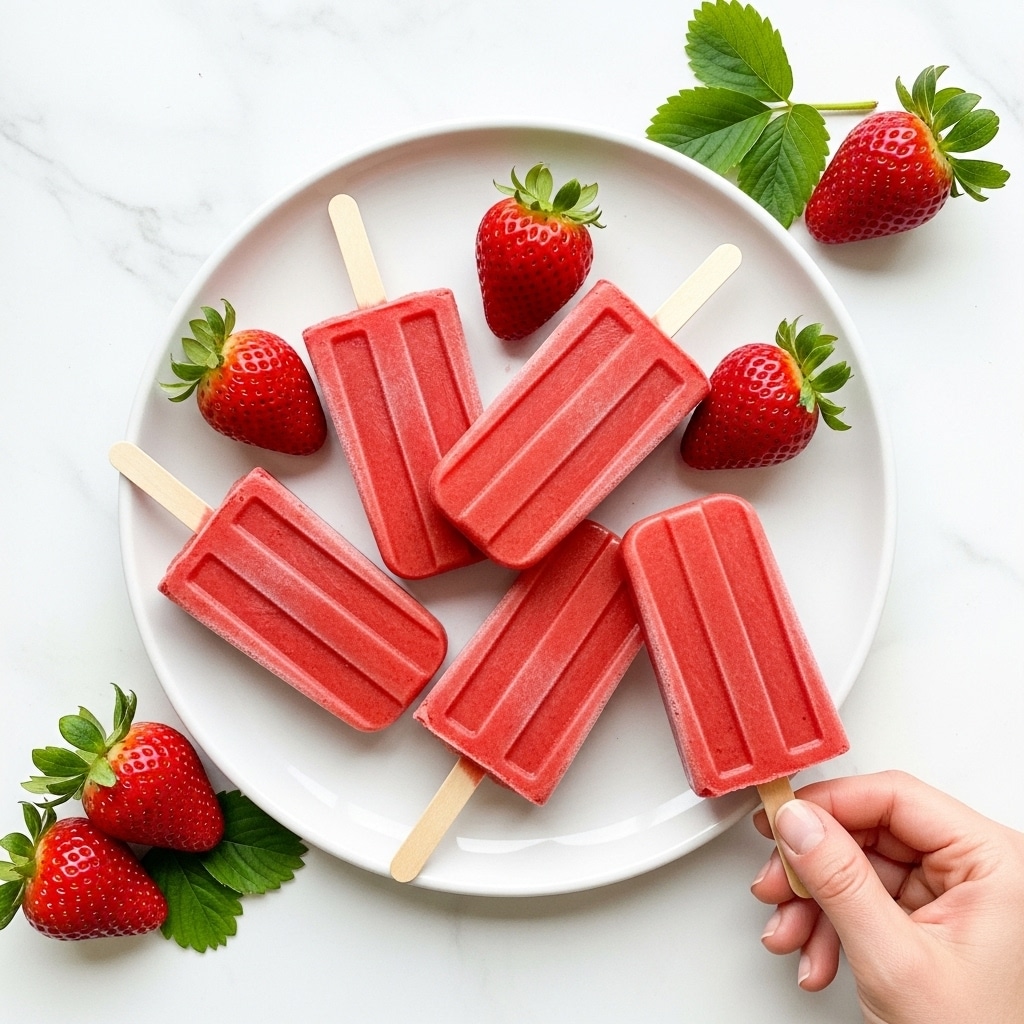 A white round plate on a white marbled surface holds five bright red strawberry popsicles, each with a smooth, slightly frosty texture and wooden sticks. The popsicles overlap one another in the center of the plate. Four fresh strawberries with green leaves are scattered around the popsicles on the plate, adding a natural contrast. A woman's hand is gently holding one popsicle from the bottom right of the frame. photo taken with an iphone --ar 4:5 --v 7