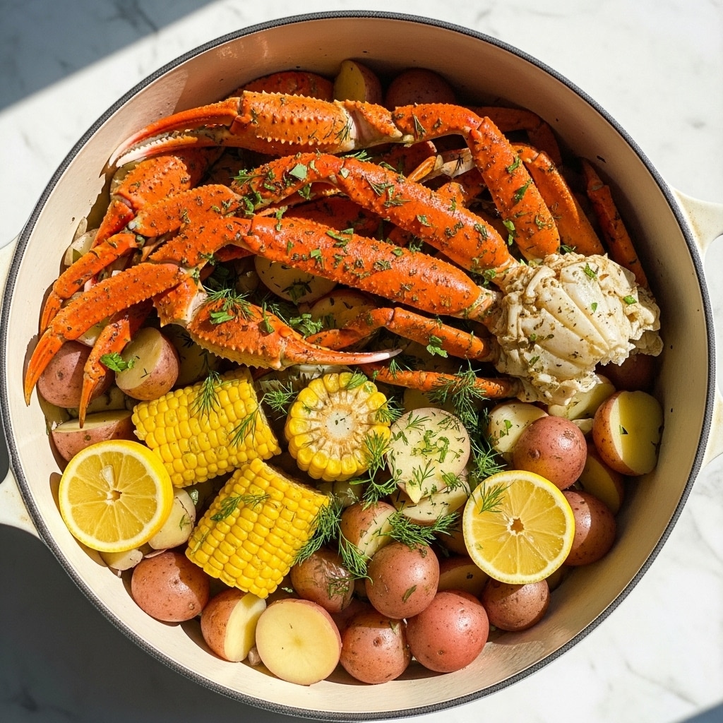 A large white pot filled with a layered seafood dish shows bright orange crab legs on top, covered with light seasoning and small green herbs. Below the crab legs, there are yellow corn pieces cut into chunks, tender-looking red and white potatoes cut in halves and quarters, and slices of lemon adding a fresh yellow color. The ingredients are mixed and sprinkled with green dill, creating a colorful, textured seafood boil. The pot sits on a white marbled surface, glowing warmly in natural light. photo taken with an iphone --ar 4:5 --v 7