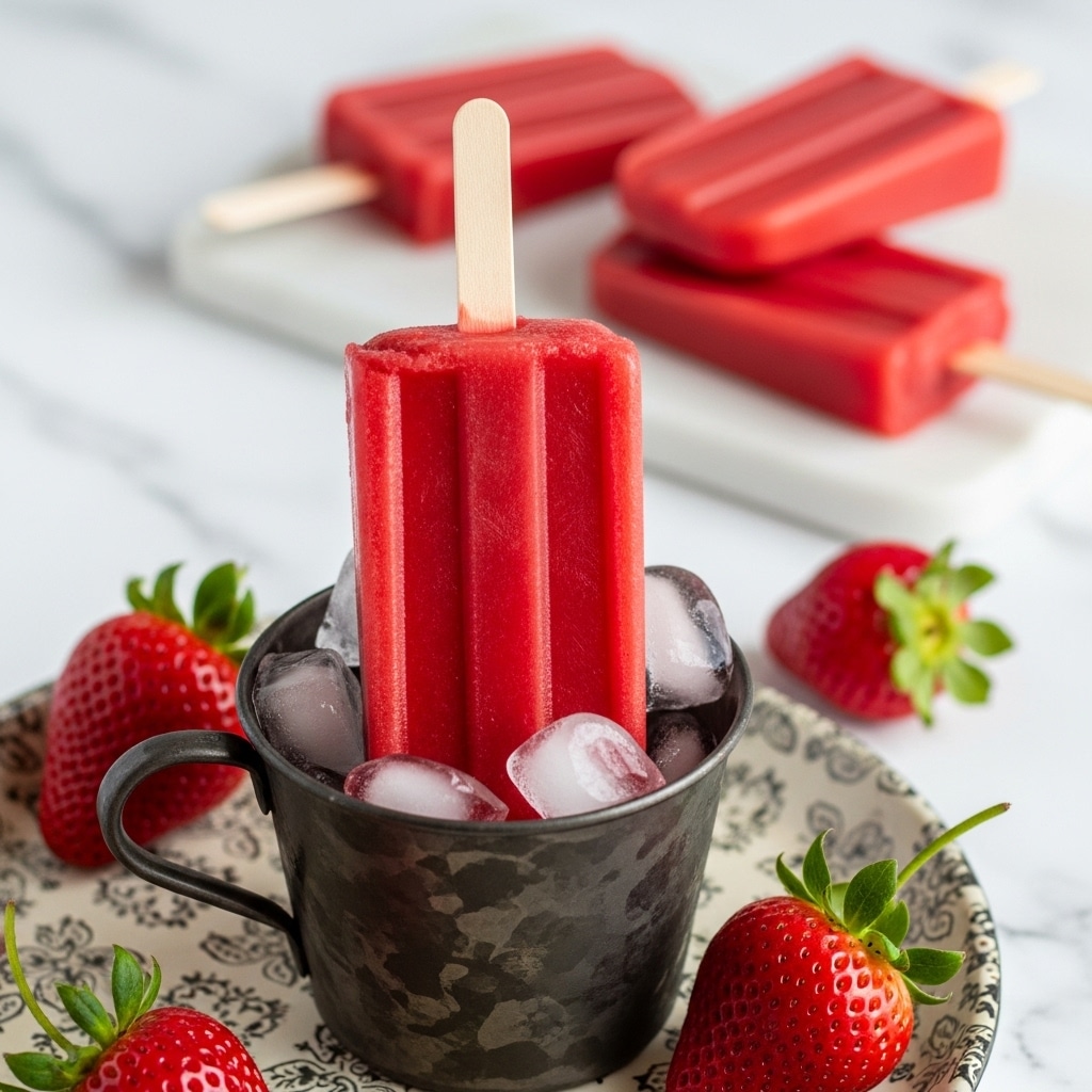 The image shows a bright red strawberry popsicle with a wooden stick, standing upright inside a dark metal cup filled with ice. The cup sits on a patterned tray, and a few fresh strawberries with green stems are scattered around. In the background, there are more red popsicles lying flat. The scene is set on a white marbled surface. The popsicle has smooth, shiny ridges, and looks cold and refreshing. photo taken with an iphone --ar 4:5 --v 7