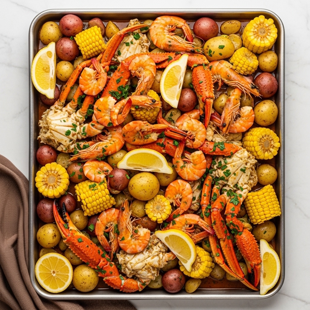 A large metal tray is filled with a mix of seafood and vegetables soaked in a seasoned sauce. The dish has bright orange crab legs and claws spread across the tray, with plump pink shrimp scattered between them. Yellow corn on the cob chunks and small whole potatoes in both yellow and red tones are mixed evenly throughout. Lemon wedges with a pale yellow color are placed on top and along the edges. The whole dish is sprinkled with chopped green herbs, adding texture and color contrast. The tray sits on a white marbled surface with a brown cloth visible in the corner. photo taken with an iphone --ar 4:5 --v 7
