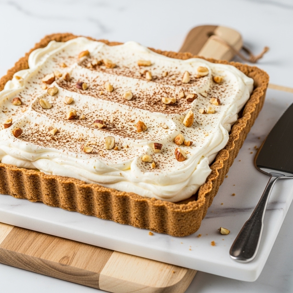 A square tart with a thick, light brown crust forms the base, showing a slightly crumbly texture. On top is a thick, uneven layer of creamy white filling spread smoothly with visible soft swirls. The surface is sprinkled lightly with small pieces of chopped nuts and a fine dusting of brown powder, adding texture and color contrast. The tart sits on a white marbled board placed over a light wooden cutting board, with a cake server on the side on the white marbled surface. photo taken with an iphone --ar 4:5 --v 7