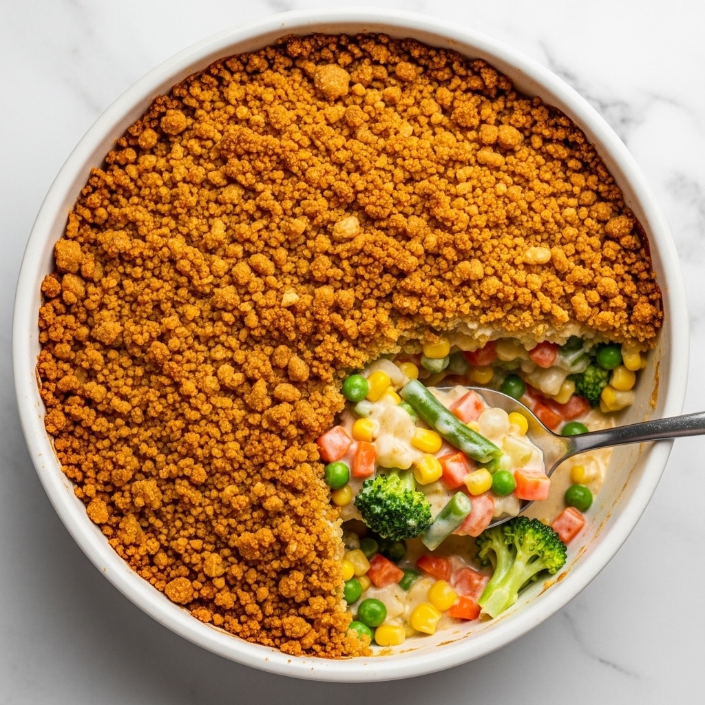 The dish is a creamy vegetable casserole inside a white round baking dish. It has a thick, golden brown crumbly crust on the top layer that looks crunchy and rough. Inside, there is a creamy mixture filled with small pieces of colorful vegetables like green broccoli, yellow corn, orange carrots, green beans, and peas mixed with a soft, cheesy sauce. A silver spoon is scooping out a portion, showing the creamy, smooth texture mixed with the tender vegetables. The dish sits on a white marbled surface, with the spoon's edge partly resting on the crust and the creamy layer below. Photo taken with an iphone --ar 4:5 --v 7