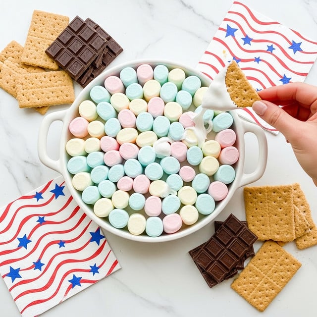 A white round dish with two handles is filled with a single layer of colorful marshmallows in pastel blue, pink, and cream arranged tightly together inside the dish. A woman's hand is holding a triangular graham cracker dipped in melted marshmallow from the dish on the right side. Around the dish, there are rectangular graham crackers and pieces of dark chocolate bars. Two white napkins with red wavy stripes and blue stars are placed on the white marbled surface next to the dish. The scene is bright and clean with a focus on the colorful marshmallows and baking ingredients. photo taken with an iphone --ar 4:5 --v 7
