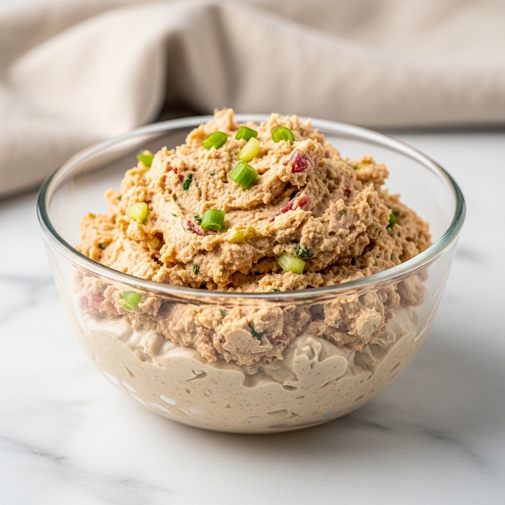 A clear glass bowl filled with a chunky, mixed spread showing two visible layers: the bottom layer is a pale beige creamy base, while the top layer is a thicker, light orange mixture with small green and red bits scattered throughout, giving it a textured and slightly rough look; the spread has a moist and soft consistency, sitting on a white marbled surface with a folded beige cloth in the background. photo taken with an iphone --ar 4:5 --v 7