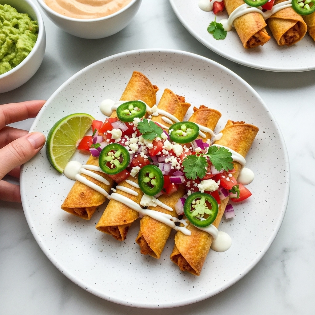 The image shows a white speckled plate with four rolled, golden-brown taquitos arranged side by side. Each taquito is topped with a bright, colorful mix of diced red tomatoes, chopped red onions, fresh green cilantro leaves, and sliced green jalapeños. Crumbled white cheese is scattered over the top along with a light drizzle of white creamy sauce running across the taquitos. A wedge of lime sits at the edge of the plate. A woman's hand is seen gently holding the edge of the plate. In the background, there is another plate with more taquitos and bowls filled with guacamole and a creamy dip, all set against a white marbled surface. photo taken with an iphone --ar 4:5 --v 7