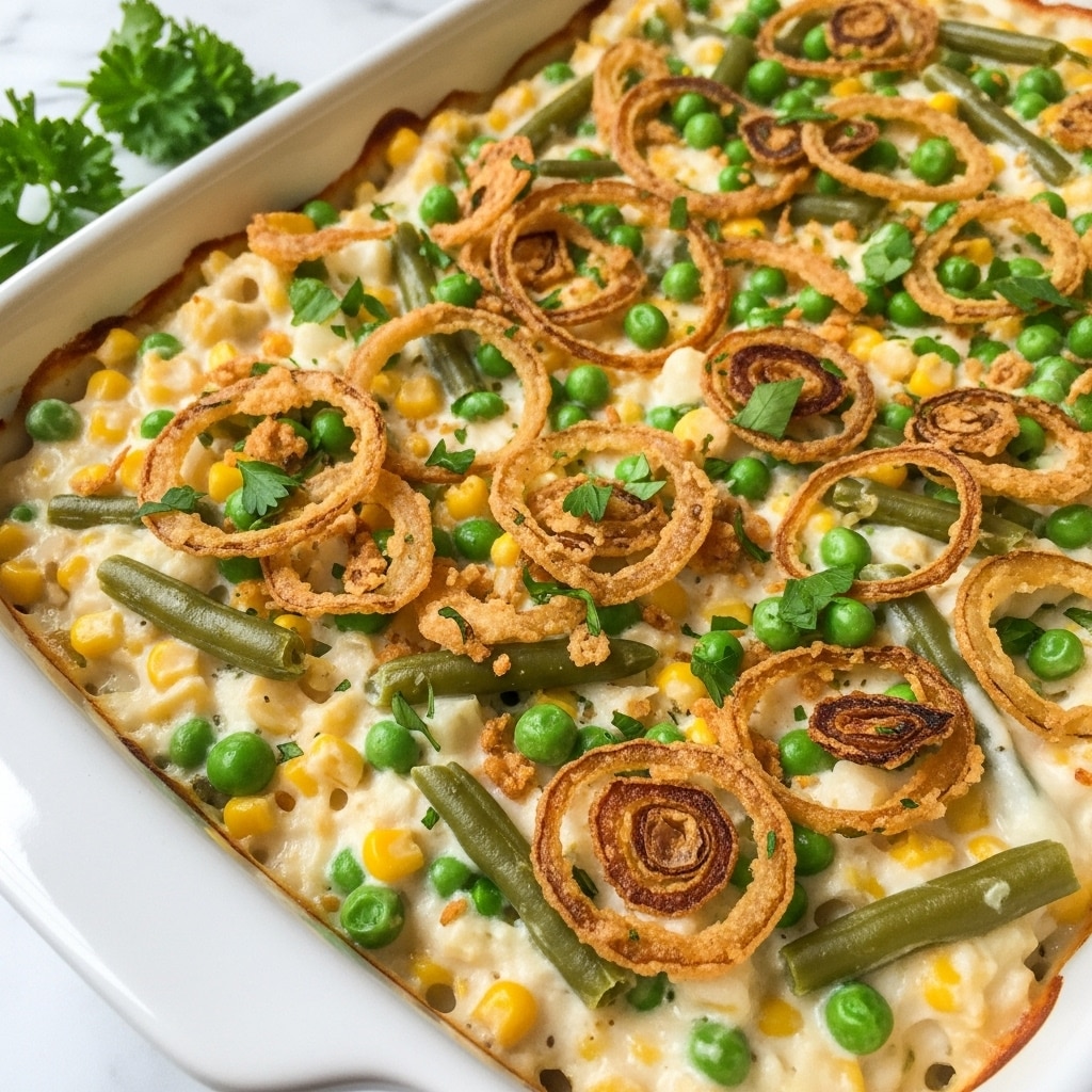 The dish is presented in a white ceramic baking dish with a close-up focus on the creamy casserole. The base layer consists of a rich, thick white sauce mixed with soft chunks of vegetables including peas, corn, and green beans, all evenly spread throughout. On top of this creamy vegetable mix, there are crisp, golden-brown fried onion strings scattered across the surface. Small green parsley leaves are sprinkled liberally, adding a fresh green contrast. The casserole shows a mixture of textures with soft, creamy vegetables and crunchy onion toppings sitting close to the edges of the dish. The background is a white marbled surface with a bit of green parsley visible beside the dish. Photo taken with an iphone --ar 4:5 --v 7
