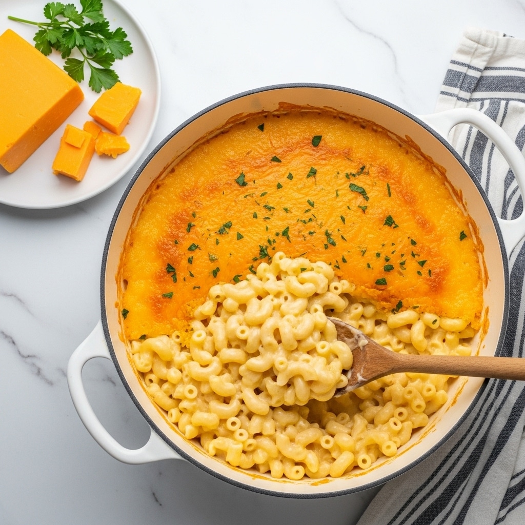 The image shows a large white pot filled with macaroni and cheese. The dish has two visible layers: the top layer is a golden-orange melted cheddar cheese crust with small bits of parsley sprinkled on it, giving a bubbly and slightly crispy texture. Beneath the top layer, the second layer is smooth, creamy, and pale yellow macaroni and cheese with elbow-shaped pasta. A wooden spoon is scooping out some of the creamy pasta from the pot. Next to the pot, there is a white plate with a block of orange cheddar cheese and some parsley on a white marbled surface, along with a striped cloth napkin. photo taken with an iphone --ar 4:5 --v 7