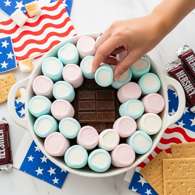 A white round dish with two handles is filled with one layer of large marshmallows in pastel colors of pink, white, and blue, arranged closely together. At the center beneath the marshmallows, there are visible dark brown Hershey chocolate bars laid flat. A woman's hand is reaching into the dish, picking up a blue marshmallow. The dish is placed on a white marbled surface with red and white wavy striped napkins with blue stars next to it. Some graham cracker pieces are nearby, along with wrapped Hershey chocolate bars partly visible on the side. Photo taken with an iphone --ar 4:5 --v 7