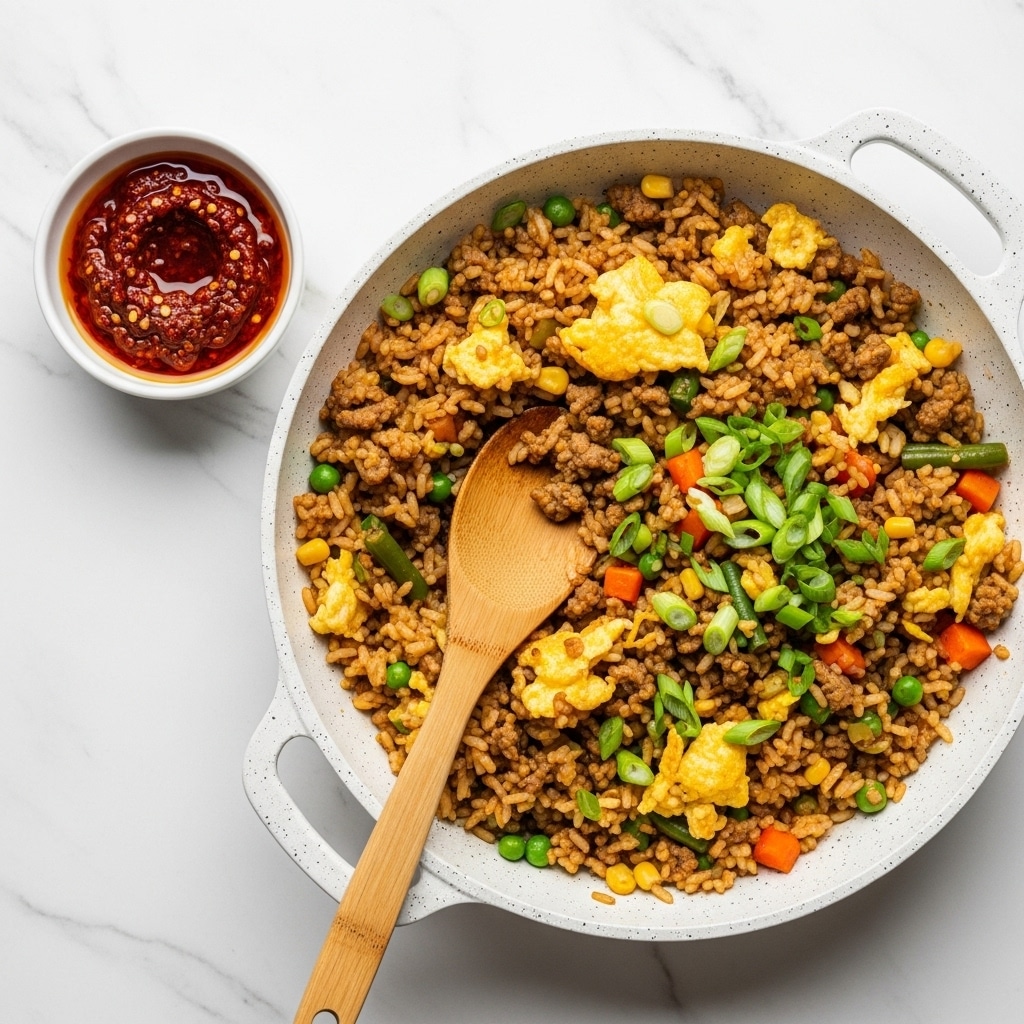 The image shows a white speckled pan filled with fried rice mixed with scrambled eggs, ground meat, and small bits of vegetables like carrots, green beans, corn, and green peas. The rice is golden brown with some pieces slightly crispy. Scattered chopped green onions add fresh green color on top. A wooden spoon rests inside the pan, partially covered by the rice mixture. Next to the pan on the white marbled surface is a small white bowl filled with chunky red chili paste with visible seeds and oil. Photo taken with an iphone --ar 4:5 --v 7