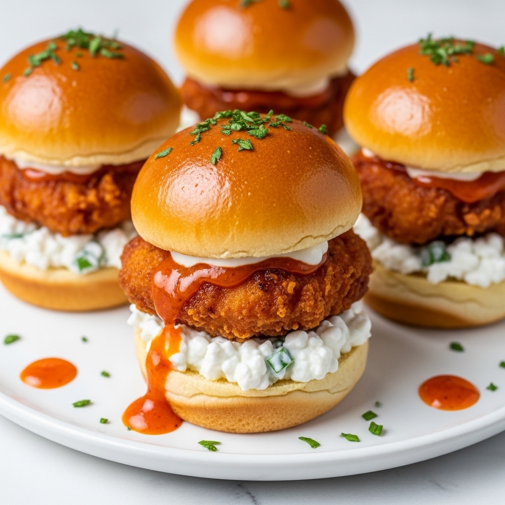 The image shows a close-up of four mini sliders on a white plate with a white marbled surface underneath. Each slider has three layers: a shiny, golden-brown soft bun on top sprinkled with green herbs, a middle layer of crispy fried chicken coated in a bright orange spicy sauce, and a base layer of white creamy cottage cheese mixed with small bits of green herbs, placed on the bottom bun. Some orange sauce drips and green herb pieces are scattered around the plate, adding a fresh and tasty look. photo taken with an iphone --ar 4:5 --v 7