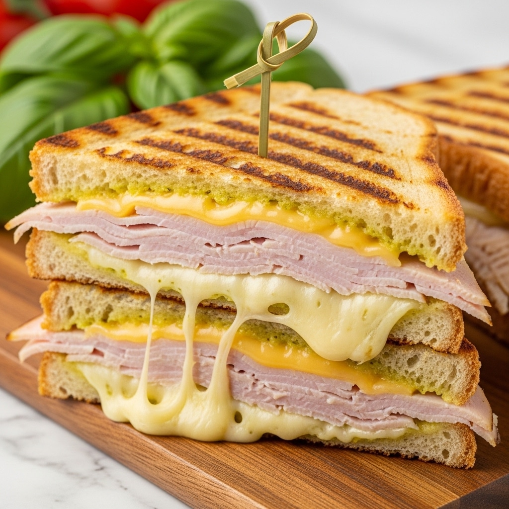 The image shows a close-up of a toasted sandwich cut in half and stacked, secured with a toothpick. The sandwich has two main layers of golden toasted bread with grill marks on the top layer. Inside, there are multiple thin layers of light pink sliced turkey meat, alternating with thick, gooey, melted pale yellow cheese that stretches slightly out of the edges. The sandwich is placed on a wooden cutting board, with some fresh green basil and red tomato blurred in the background over a white marbled surface. Photo taken with an iphone --ar 4:5 --v 7