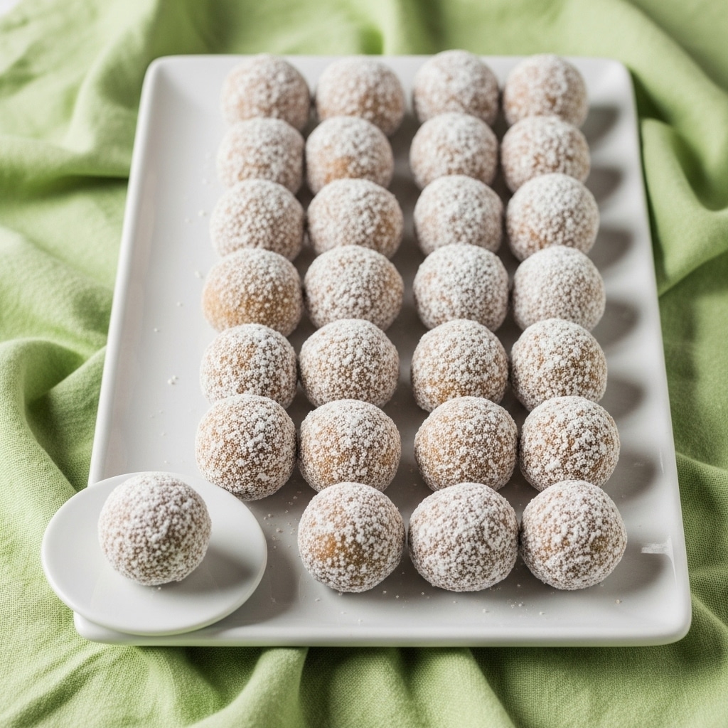 A white rectangular plate filled with three rows of round, light brown balls that have a slightly grainy texture and are dusted with a fine white powder, arranged neatly with small gaps between them; one ball is placed on a small white round plate near the bottom left corner, and the whole setting rests on a soft, light green cloth with subtle folds. Photo taken with an iphone --ar 4:5 --v 7