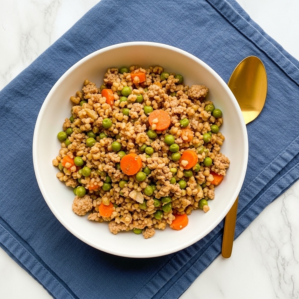 A white bowl filled with a colorful mix of cooked grains, orange carrot pieces, green peas, and browned ground meat, all mixed together in a loose, fluffy texture. The bowl is placed on a blue cloth with a white marbled surface underneath. A gold spoon is placed beside the bowl to the right, adding a touch of shine to the image. photo taken with an iphone --ar 4:5 --v 7
