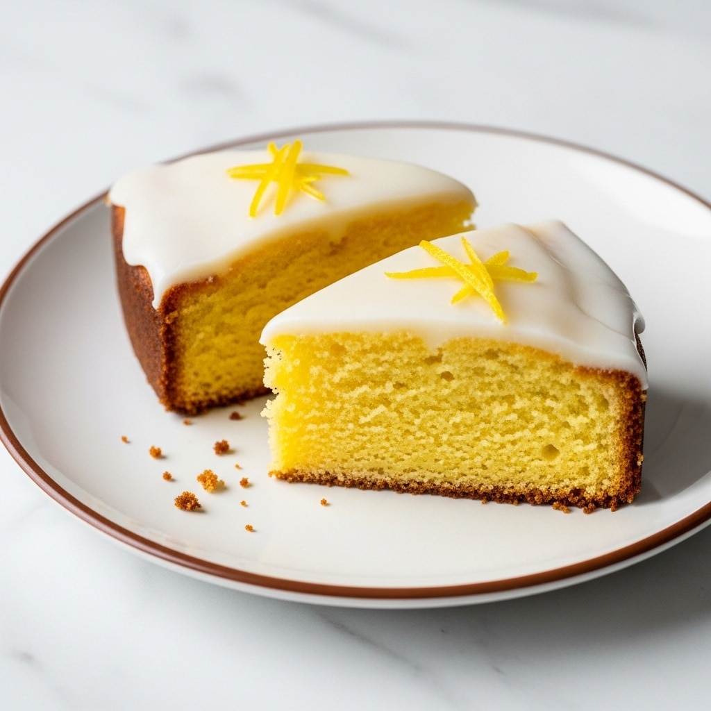 Two slices of yellow lemon cake with a moist, crumbly texture are placed on a white plate with a thin brown rim, set on a white marbled surface. Each slice has a golden brown crust at the bottom and sides, topped with a thin layer of glossy white icing that looks smooth and slightly shiny. Small, bright yellow lemon zest strips decorate the top icing, adding a fresh touch. A few cake crumbs are scattered on the plate near the slices. Photo taken with an iphone --ar 4:5 --v 7