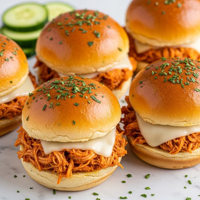 The image shows six small sandwiches close together on a white marbled surface, each sandwich made of a shiny golden-brown bun sprinkled with green herbs on top, with the bottom bun softer and lighter in color. Inside, the sandwiches are filled with orange shredded chicken mixed with melted white cheese, oozing slightly from the sides. To the top left, there are a few slices of green cucumber resting on the surface. The sandwiches have a warm, toasted look with small bits of seasoning scattered around. Photo taken with an iphone --ar 4:5 --v 7