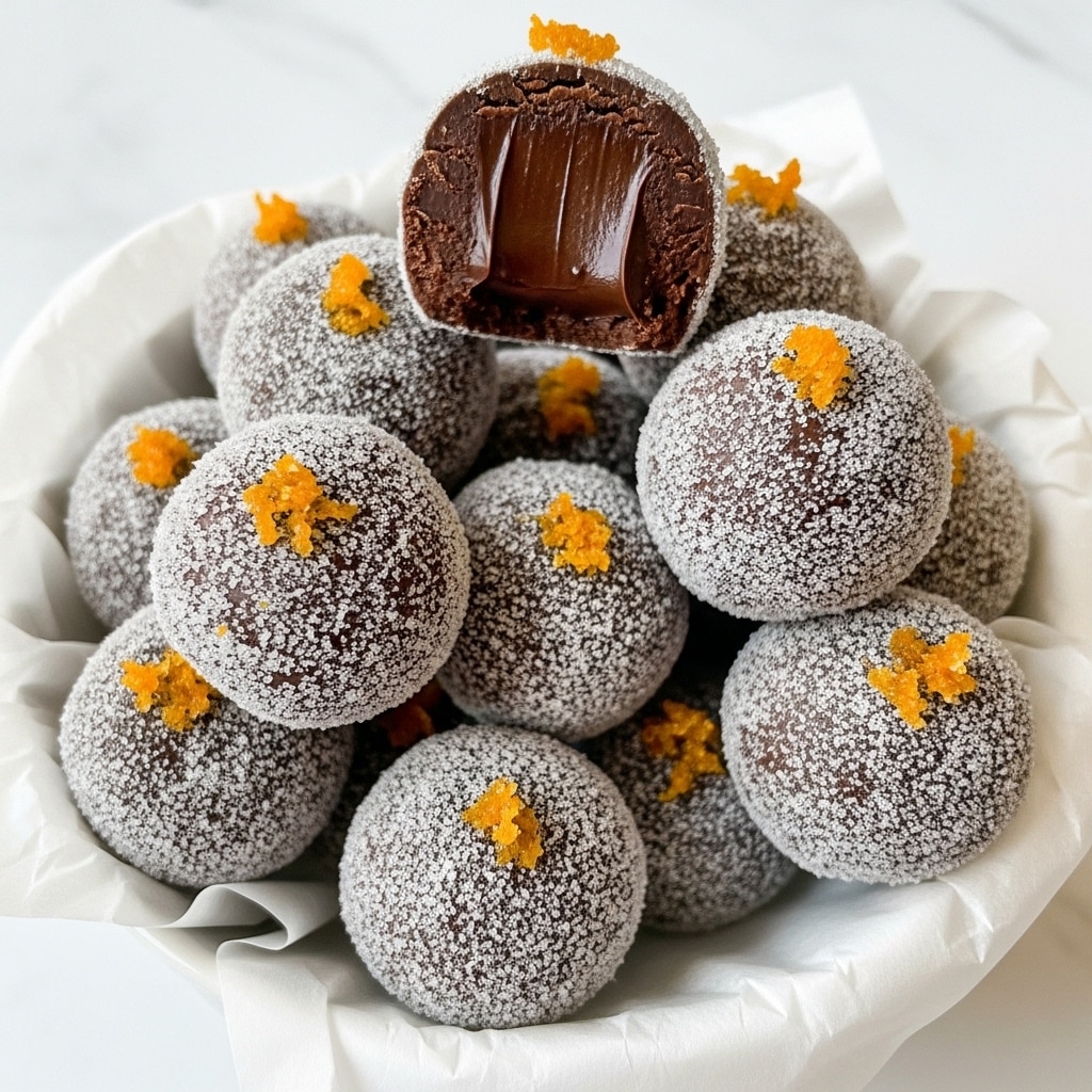 The image shows a group of round chocolate truffles covered in a layer of granulated sugar, giving them a rough and sparkly texture. Each truffle is dark brown underneath the white sugar coating, and small pieces of bright orange zest are scattered on top, adding a dash of color. One truffle is cut open and held above the others, revealing a thick, smooth, and dense dark chocolate center inside. The truffles are placed closely together in a white bowl lined with white paper, all set on a white marbled surface. photo taken with an iphone --ar 4:5 --v 7