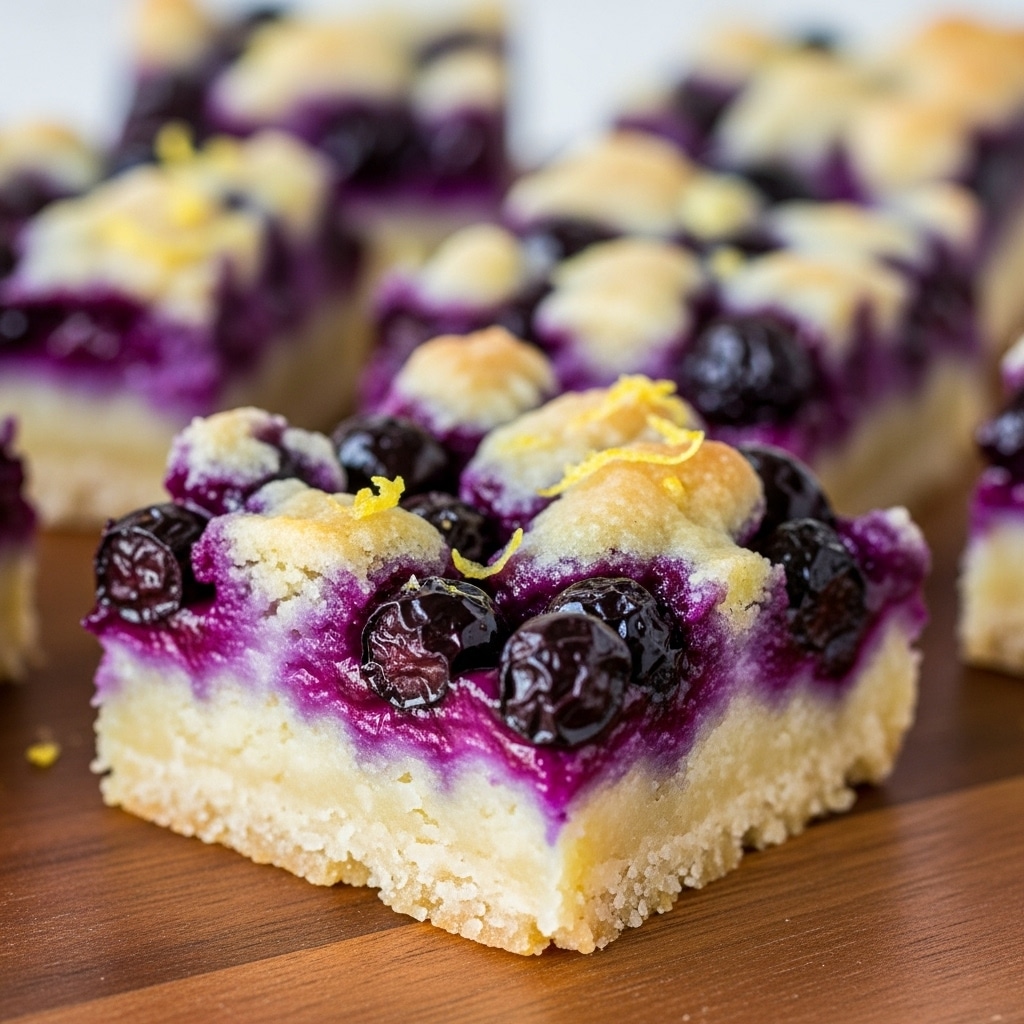 The image shows a close-up of a blueberry dessert bar with two visible layers on a wooden board. The bottom layer is pale, dense, and smooth like a shortbread crust. The top layer is lighter and crumbly, studded with juicy, dark purple blueberries that look soft and fresh. The top also has a slightly uneven texture with some small lumps and a dusting of lemon zest, adding a touch of yellow. The dessert bars are cut into square shapes, and one is in sharp focus in the foreground while the rest blur softly in the background. The surface around is not visible, but the photo has a bright, natural light feel. Photo taken with an iphone --ar 4:5 --v 7