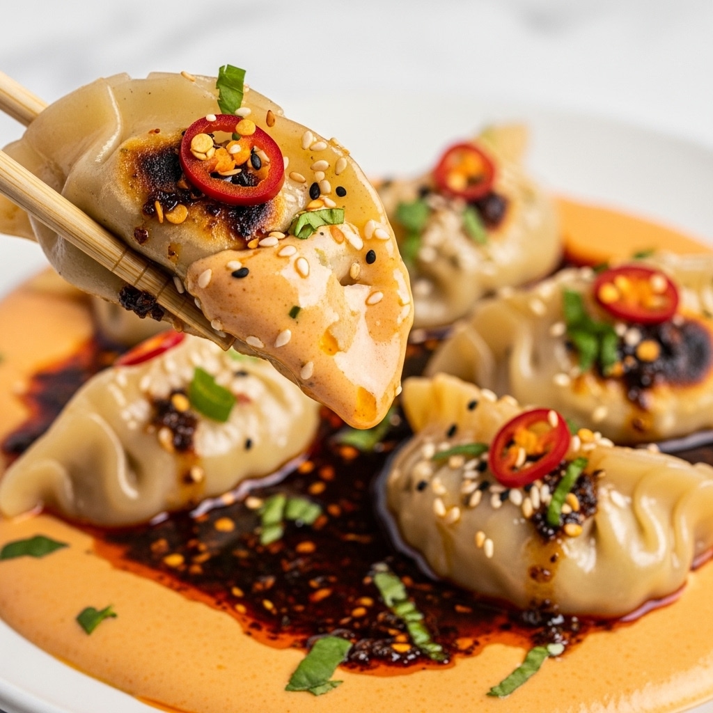 A close-up view of a dumpling being held by wooden chopsticks near the top left, coated in a light orange, creamy sauce with specks of green herbs. The dumpling has a tender, slightly translucent skin with a golden brown char on some parts, and is topped with sesame seeds and chili flakes in a dark, spicy oil. In the background, more dumplings sit in a thick pool of the same orange sauce, sprinkled with green herbs and bits of chili, all resting on a white marbled surface. photo taken with an iphone --ar 4:5 --v 7