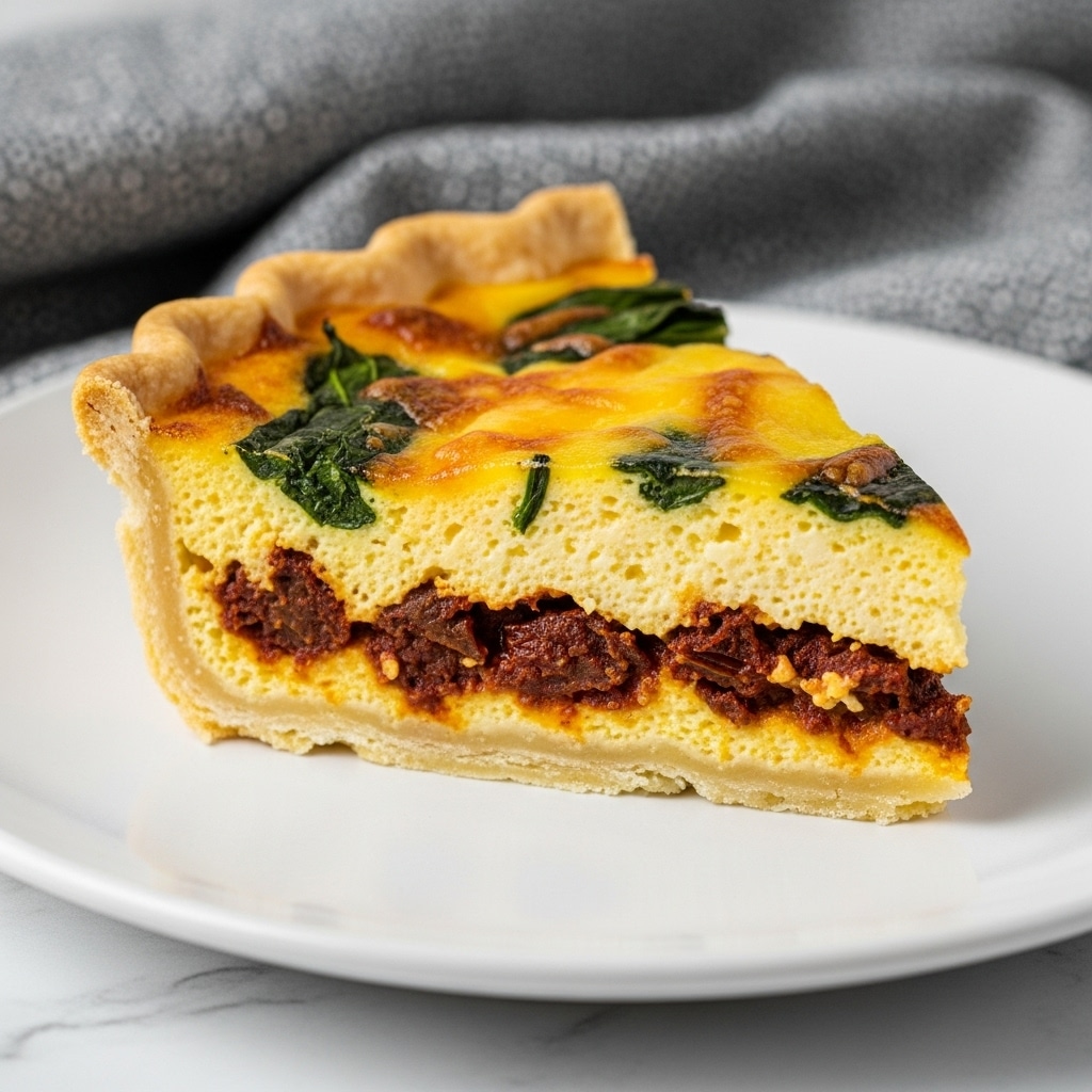 A single slice of quiche is placed on a white plate, showing three visible layers: the bottom layer is a light golden brown flaky crust, the middle layer is dark red with chunks of sun-dried tomatoes or similar ingredients, and the top layer is thick, creamy yellow egg custard with melted golden cheese and green spinach leaves scattered on top. The crust has a crimped edge that adds texture, and the cheese on top shows slight browning spots. The background has a soft focus showing a grey textured cloth and a white marbled surface underneath the plate. photo taken with an iphone --ar 4:5 --v 7