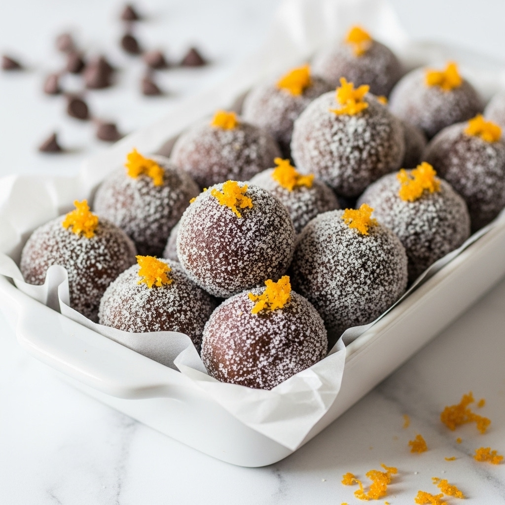 A white rectangular dish filled with round chocolate balls coated in a fine layer of sugar, giving them a light dusting of white over their dark brown surface. Each ball is topped with small pieces of bright orange zest, adding a splash of color and texture contrast. The dish is lined with white parchment paper, and a few chocolate chips are blurred in the background on a white marbled surface. Scattered orange zest bits lie nearby, enhancing the fresh and sweet look of the dessert. photo taken with an iphone --ar 4:5 --v 7