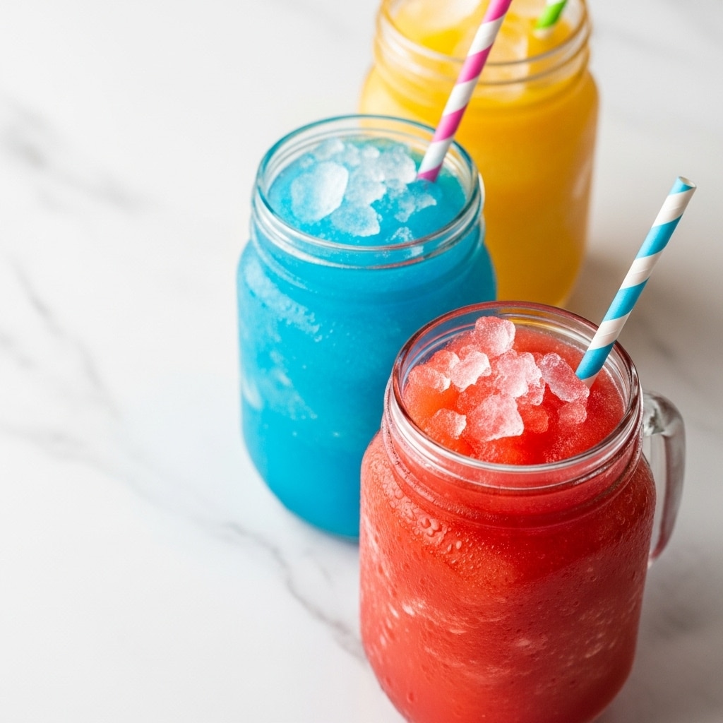 Three mason jars are filled with icy colorful drinks, sitting side by side against a white marbled surface. The left jar holds a bright orange drink with a smooth, slightly pulpy texture. The middle jar contains a vibrant sky-blue slush topped with crushed ice, with a red and white striped paper straw inserted at an angle. The right jar is filled with a deep red, watery drink with visible condensation on the glass, and a blue and white striped paper straw sticking straight out. The jars are all clear, showing the colors and textures inside. photo taken with an iphone --ar 4:5 --v 7