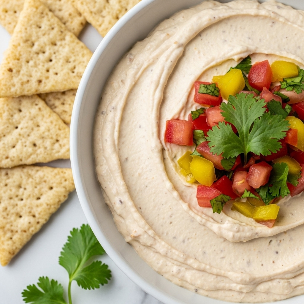 A close-up view of a white bowl filled with smooth, creamy beige dip that has a slightly speckled texture. On top of the dip, there is a small pile of chunky red tomato pieces mixed with bright green cilantro leaves and bits of yellow-green pepper, creating a colorful contrast. To the left edge of the image, several triangular beige crackers with a rough, crispy texture are partially visible, resting on a white marbled surface. A few sprigs of cilantro are also scattered around the surface near the bowl. photo taken with an iphone --ar 4:5 --v 7