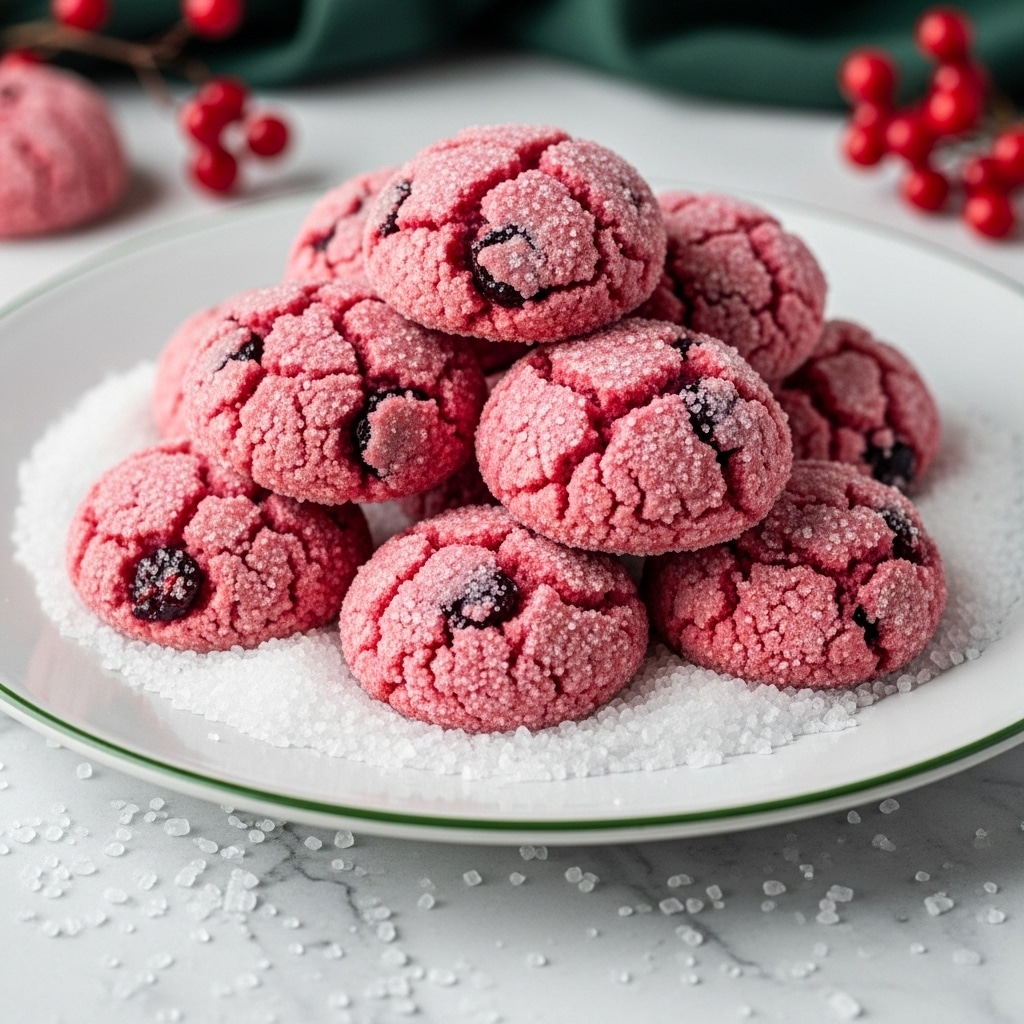 A plate holds a small pile of round, sugar-coated pink cookies that have a rough, bumpy texture with visible bits of darker red or purple inside, suggesting berries or fruit pieces. The cookies are stacked in a loose mound on a bed of coarse white sugar crystals that cover the white plate's surface, creating a sparkling effect beneath and around them. The plate itself is white with a slightly worn rim showing a green edge, placed on a white marbled texture surface. In the background, there is a hint of dark green fabric and a few bright red berries adding subtle color contrast. photo taken with an iphone --ar 4:5 --v 7