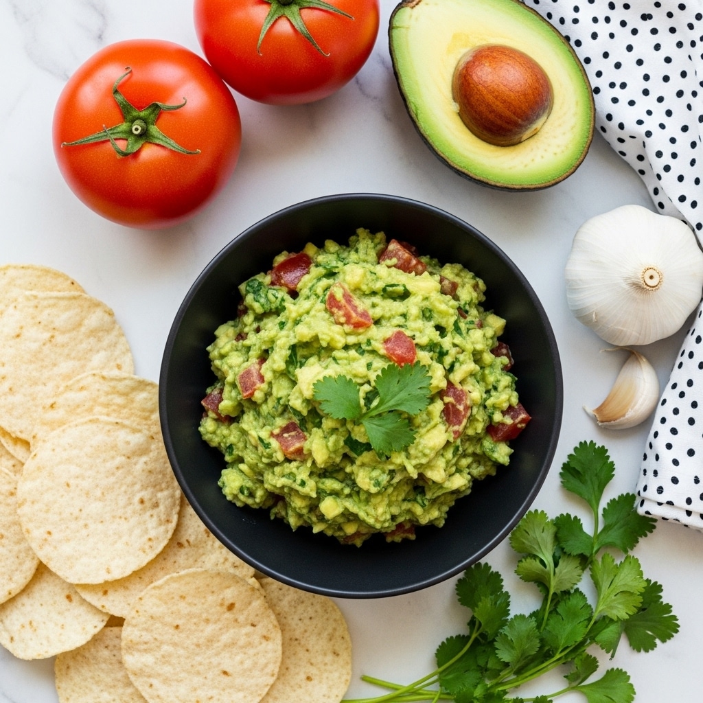 A black bowl filled with chunky green guacamole mixed with small pieces of red tomato and green herbs, placed at the center of the image. Around the bowl, white corn tortilla chips are spread on a white marbled surface at the bottom left, while fresh cilantro leaves are visible at the bottom right. The top part of the image shows two firm red tomatoes, a halved avocado with seed, and a bulb of garlic, all resting on the white marbled background. A white cloth with black dots is partially visible in the top right corner. photo taken with an iphone --ar 4:5 --v 7