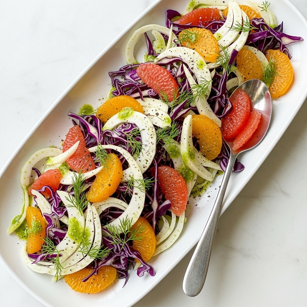 The image shows a colorful salad on a long white plate placed on a white marbled surface. The salad has many layers starting with thin shredded purple cabbage and white fennel slices, some curling and showing texture. Bright orange mandarin slices and pink grapefruit segments are layered throughout, giving a vibrant look. Fresh dill sprigs with a feathery texture are scattered on top. A spoon with a shiny silver handle rests on the plate, holding some grapefruit pieces. The salad is drizzled with green dressing and sprinkled with coarse black pepper, adding a glossy and speckled effect. Photo taken with an iphone --ar 4:5 --v 7