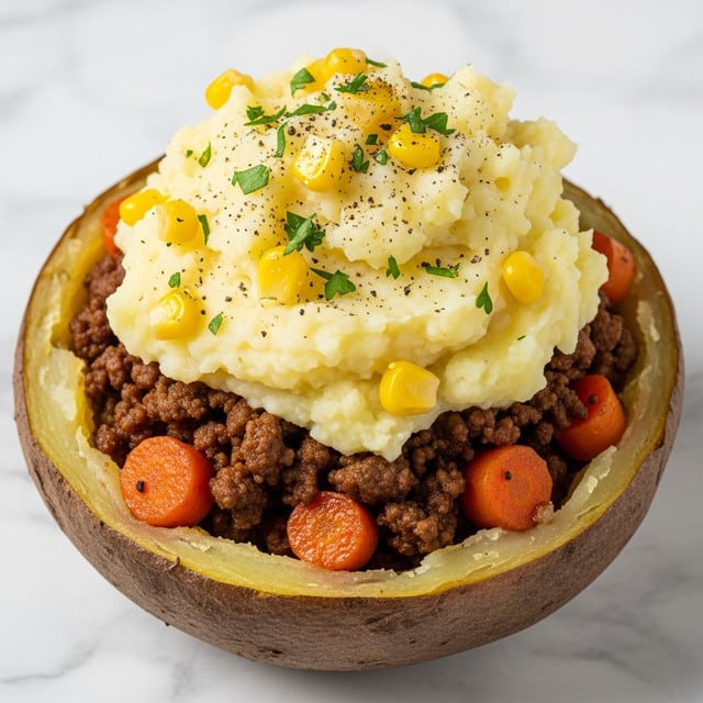 The dish is served inside a dark brown hollowed-out potato skin that acts as a bowl. Inside, the first layer is a mix of cooked ground meat and small orange carrot chunks, rich in texture and dark brown in color. On top of that is a thick layer of creamy mashed potatoes, pale yellow with soft lumps and mixed with pieces of yellow corn. The mashed potato layer is sprinkled with small chopped green herbs and a light scattering of black pepper. The whole dish sits on a surface with a white marbled texture. photo taken with an iphone --ar 4:5 --v 7