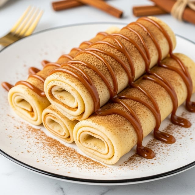 Three rolled light beige crepes are stacked on a white plate with a thin black rim. The crepes are sprinkled with brown cinnamon powder, which covers their tops and parts of the plate. Drizzled over the crepes is a thick caramel-colored sauce in wavy lines, adding a glossy texture. The setting includes a blurred background with cinnamon sticks and a white marbled surface. A golden fork is partly visible at the top left corner. photo taken with an iphone --ar 4:5 --v 7