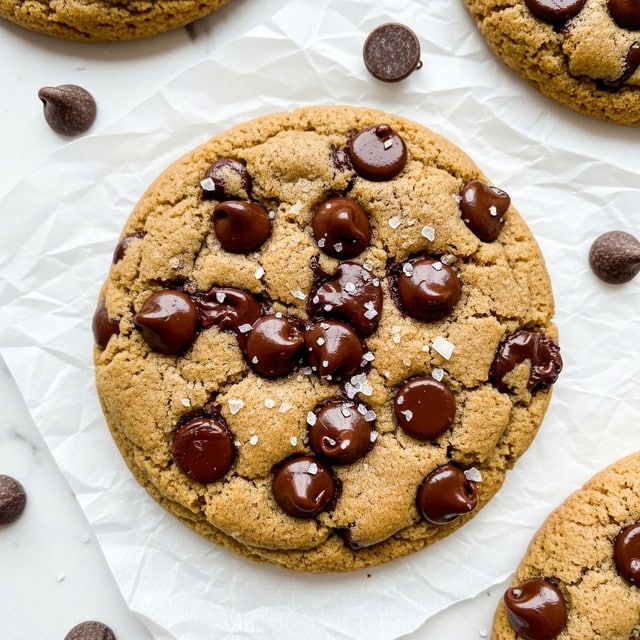 A close-up view of a soft, thick cookie with a light brown, slightly bumpy surface, generously studded with shiny dark chocolate chips scattered on top and slightly melted into the dough; some chocolate chips are whole, while others are partially melted, adding a mix of smooth and textured details, sprinkled with small flakes of salt that catch the light, all resting on a crinkled piece of white parchment paper set on a white marbled surface, with more chocolate chips scattered casually around. photo taken with an iphone --ar 4:5 --v 7